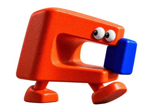 The Pryntor character: an orange-red block on two legs, mid-stride, carrying a cobalt block in its mouth
